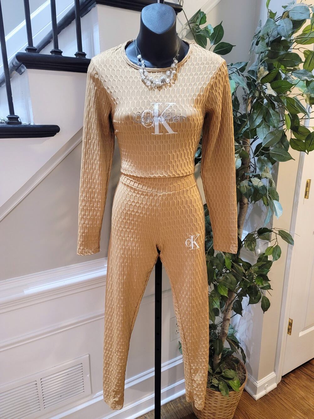 Calvin Klein Lounge Set Women Large Tan Honeycomb Long Sleeve Crop Top Crew Neck